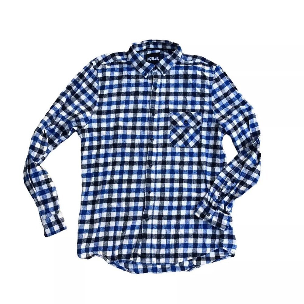 MG BLACK LABEL Flannel Shirt Men's XL Checkered Blue Button Down Long Sleeve Top